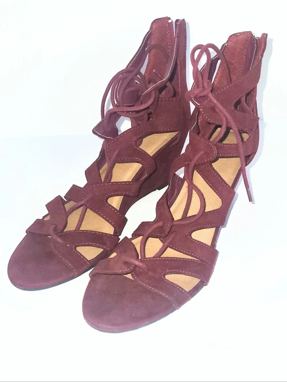 Charlotte Russe Burgundy Vegan Suede Lace Up Open Wedge Heel Size 9